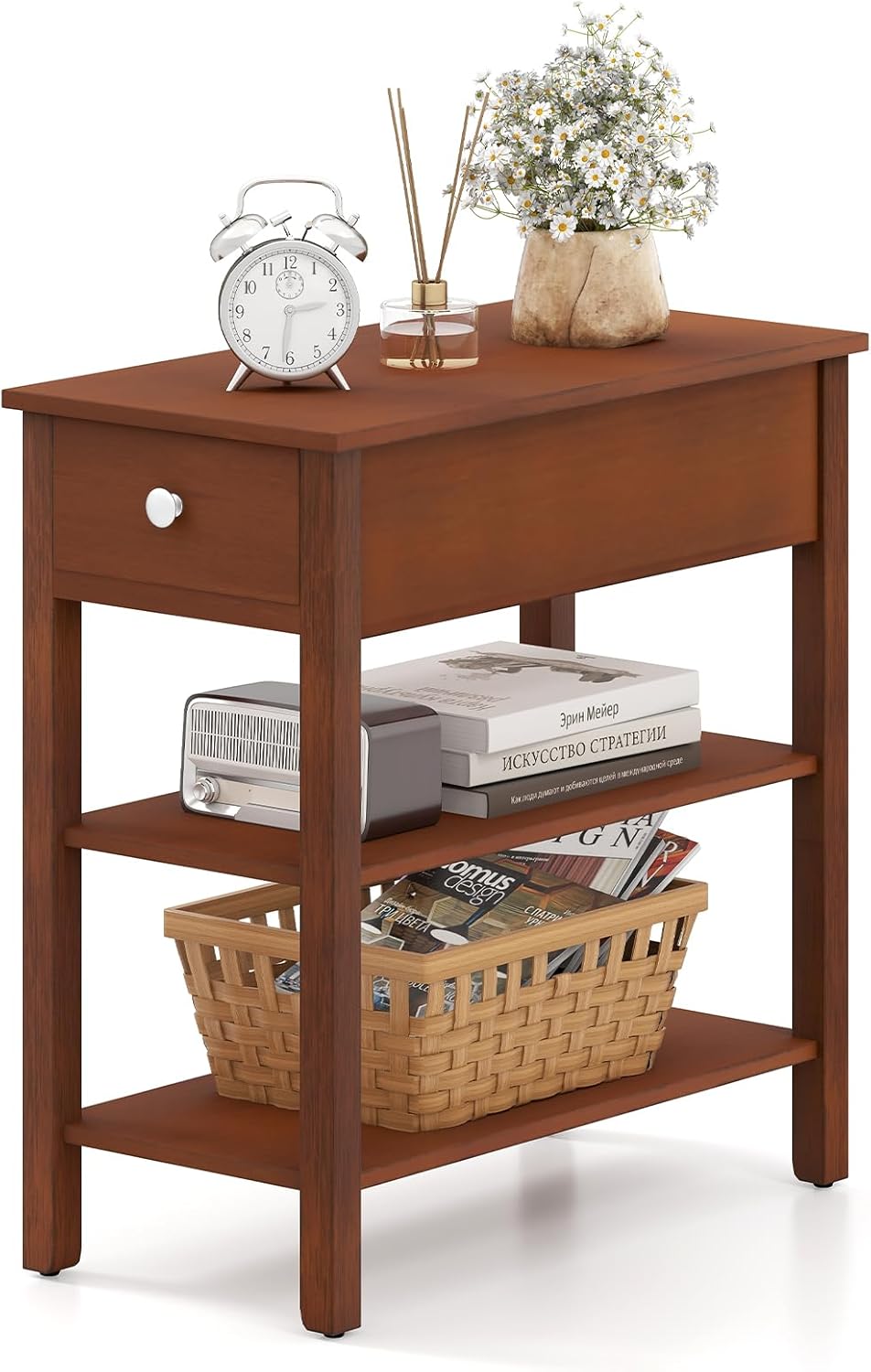 Giantex Narrow End Table, Farmhouse Side Tables with Drawer & Storage Shelves, Wood Sofa Side Tables, 3-Tier Nightstands for Small Space, Living Room, Bedroom, 23.5" L x 12" W x 24.5" H, Brown
