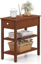 Giantex Narrow End Table, Farmhouse Side Tables with Drawer & Storage Shelves, Wood Sofa Side Tables, 3-Tier Nightstands for Small Space, Living Room, Bedroom, 23.5" L x 12" W x 24.5" H, Brown