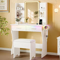 Makeup White Vanity Desk with Lights and Mirror, Small Vanity for Bedroom | Vanity set with Stool, 3 Lighting Modes, Adjustable Brightness, Storage Shelves, Hair Dryer Holder and Spacious Tabletop
