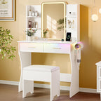 Makeup White Vanity Desk with Lights and Mirror, Small Vanity for Bedroom | Vanity set with Stool, 3 Lighting Modes, Adjustable Brightness, Storage Shelves, Hair Dryer Holder and Spacious Tabletop