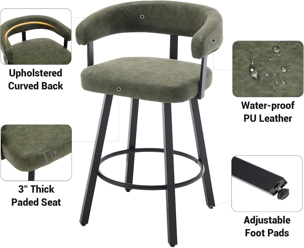 Shunzhi Modern Green Counter Height Bar Stools Set of 2 Leather Barstools with Backs/Metal Legs/Footrest Upholstered Counter Stools Comfy Bar Chairs for Dining Room/Home Bar/Kitchen Island/Pub,25 Inch