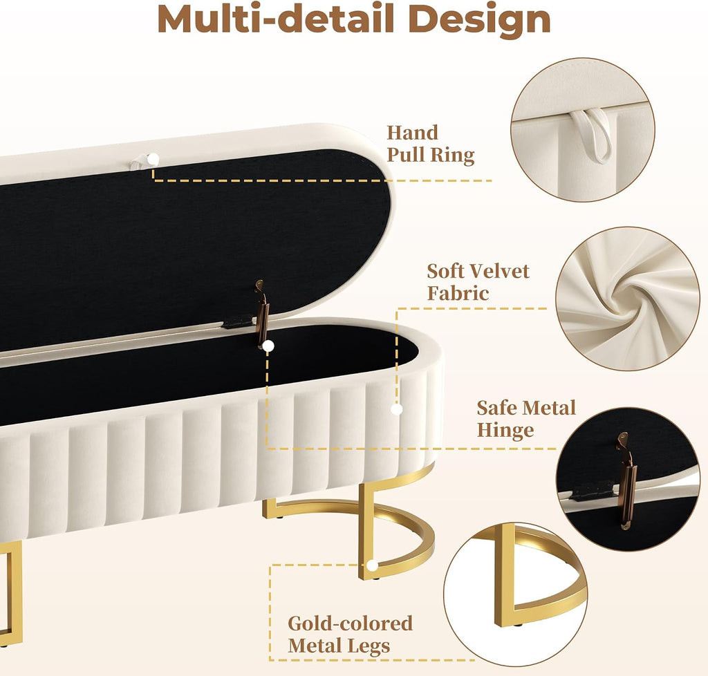 Storage Ottoman Bench, 45" Velvet End of Bed Bench Bedroom Bench with Golden Metal Legs, Upholstered Storage Bench for Bedroom Living Room Entryway and Window, Beige