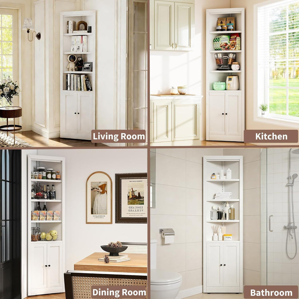 Metal Pantry Storage Cabinet with 4 Adjustable Shelves, 71" Tall Corner Cabinet for Bathroom, Corner Shelf Cabinet for Kitchen, Dining Room, Living Room, Assembly Required(White)