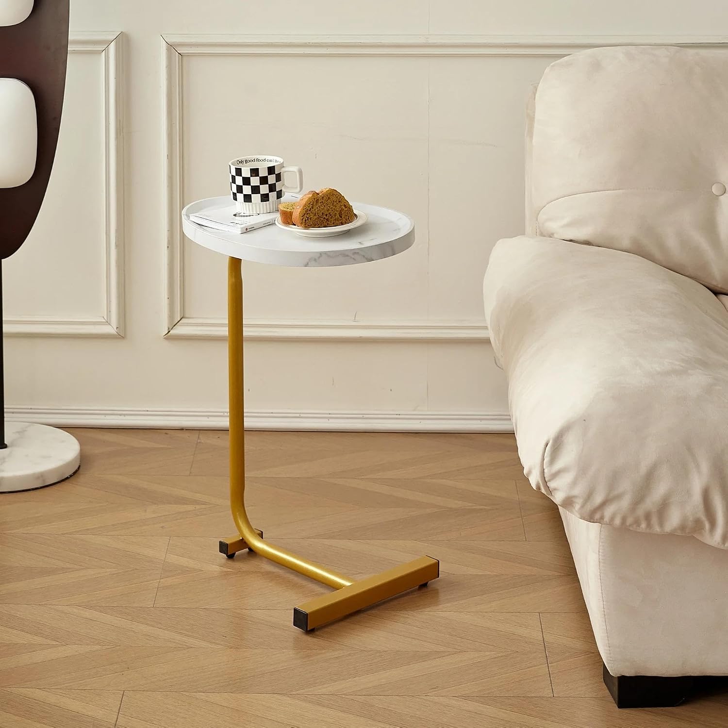 C-Shaped Side Table with MDF Tabletop and Steel Tube Frame, Compact Lightweight End Table, Slidable Accent Table with Stable Structure for Indoor Daily Use(White)