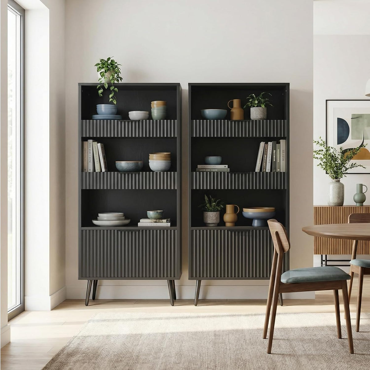 Bathroom Storage Cabinet Set of 2, 47.2" Wide 5-Tier Freestanding Pantry Cabinet with 6 Extra-Large Drawers & 2 Open Shelves, Fluted Floor Organizer Cupboard for Kitchen, Living Room, Anti-Tip, Black