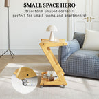 ZIYOO Z-Shaped End Table with Wheels, Natural Bamboo Couch Side Table that Slides Under Sofa/Bed, Mobile Snack Table for Living Room, Bedroom, Small Spaces