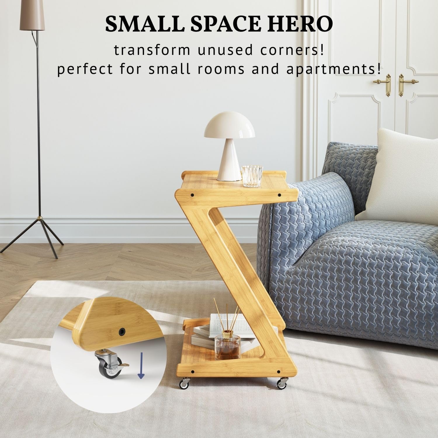 ZIYOO Z-Shaped End Table with Wheels, Natural Bamboo Couch Side Table that Slides Under Sofa/Bed, Mobile Snack Table for Living Room, Bedroom, Small Spaces