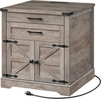 RALGEND Farmhouse End Table with Charging Station, 24'' Sofa Side Table with 2 Drawers and Barn Door, Large Rustic Wooden Square Nightstand for Bedroom, Living Room, Greige