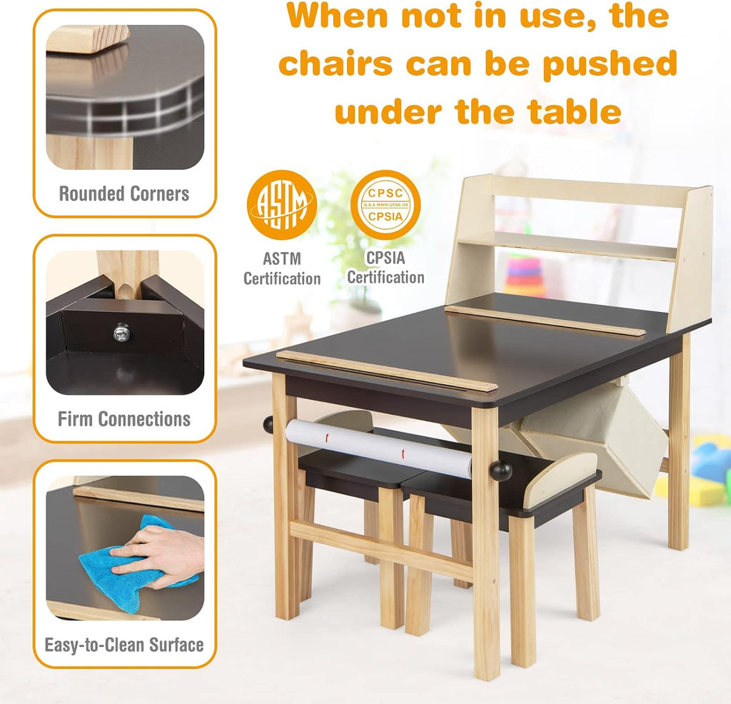 Costzon Kids Art Table and Chair Set, Wooden Activity Table and 2 Stools w/a Paper Roll, 2 Markers, 2 Storage Bins for 3+ Years Old Boys Girls Drawing Painting Craft, Toddler Table and Chairs (Brown)
