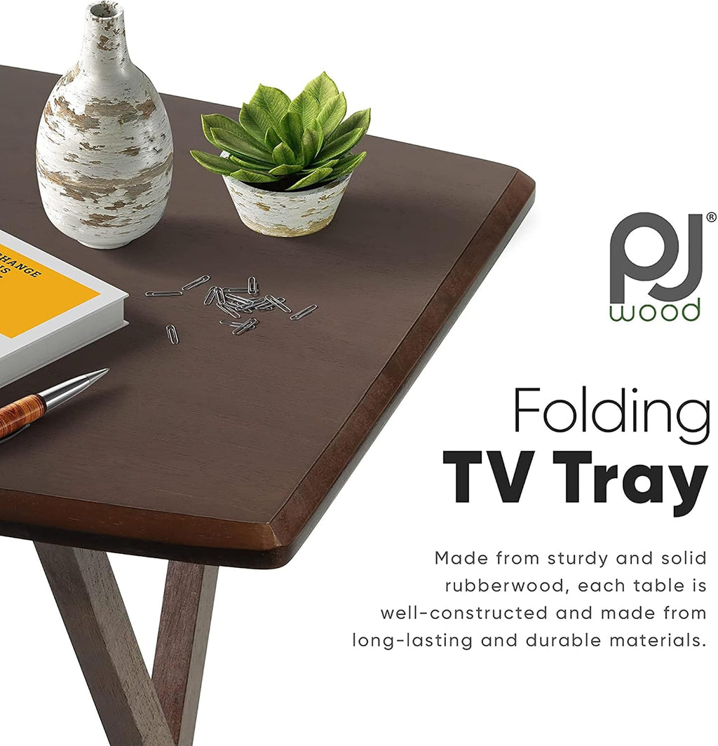 PJ Wood - 5-Piece Folding Tray Table Set - Walnut with Rack | Solid Wood, 14.57 x 19.09 x 26 in, 36 lb Capacity, Indoor Use, Rectangular Design, Glide Feet, Space Saving Storage