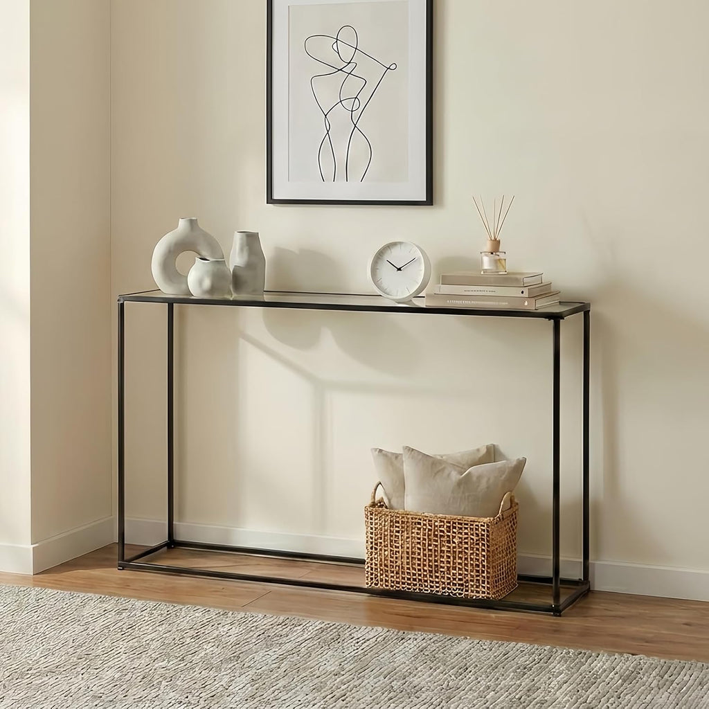 DDK Narrow Console Table 47 Inch, Thin Sofa Side Table with Glass Top & Metal Frame, Entryway Table with Open Storage for Hallway Living Room, Modern Slim Console Table for Small Spaces