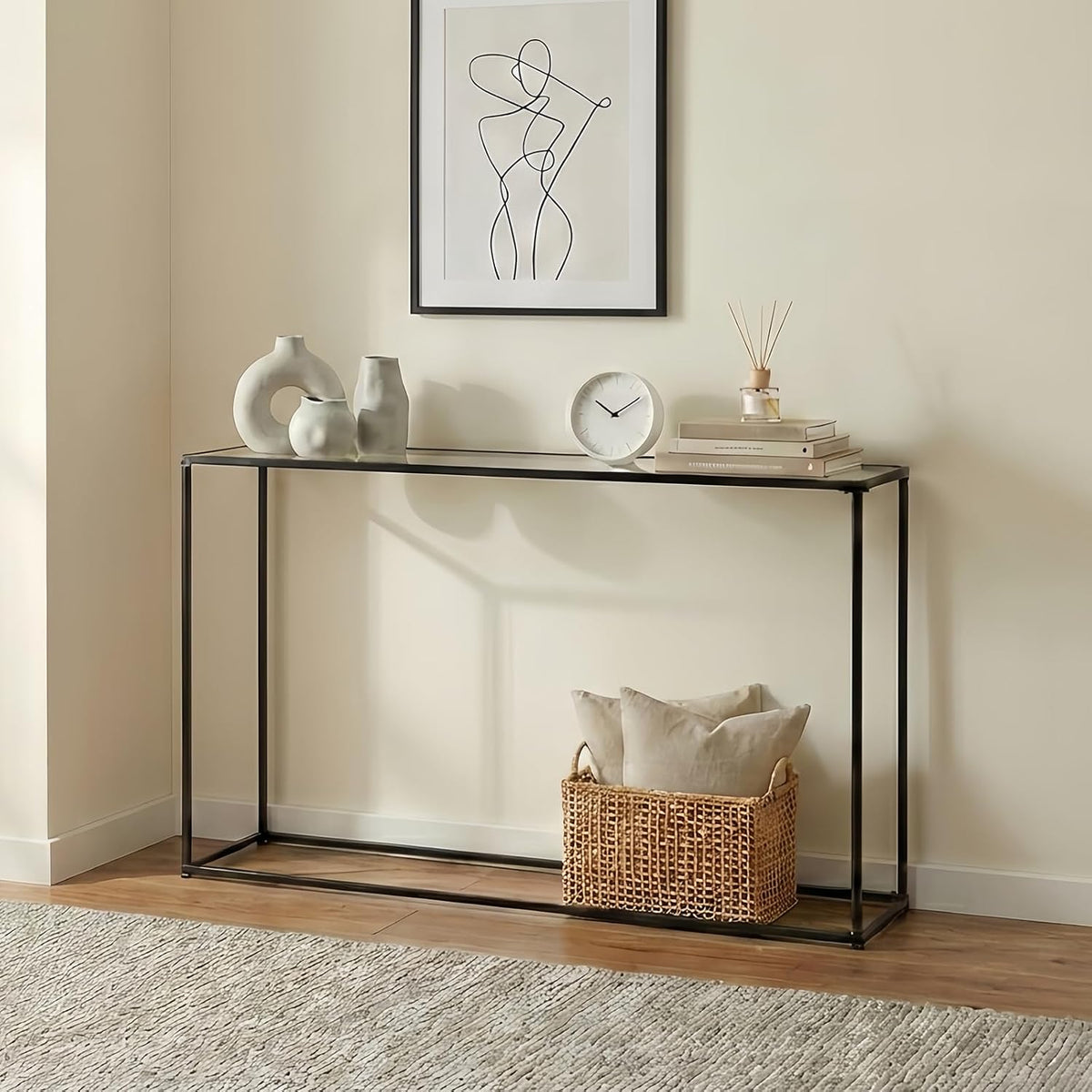 DDK Narrow Console Table 47 Inch, Thin Sofa Side Table with Glass Top & Metal Frame, Entryway Table with Open Storage for Hallway Living Room, Modern Slim Console Table for Small Spaces