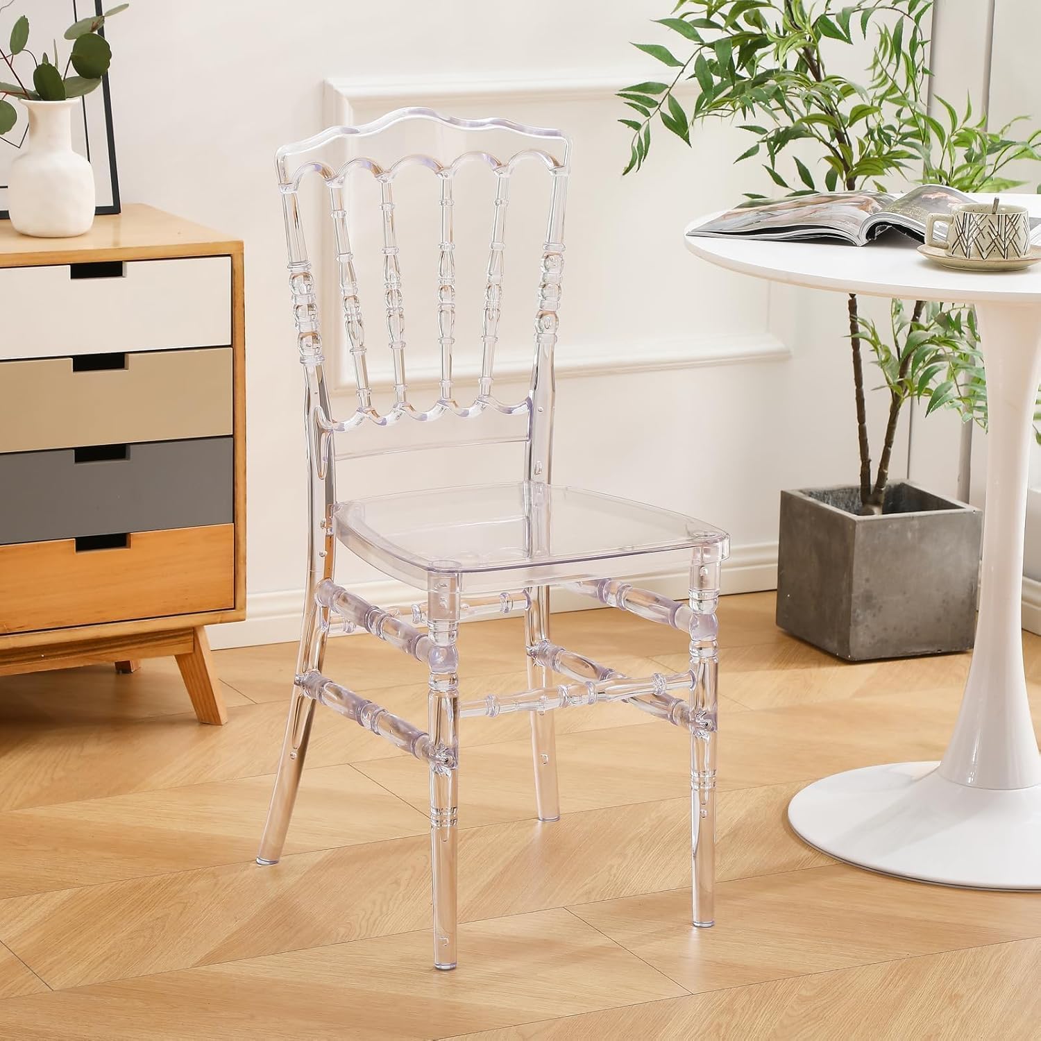 Clear Acrylic Napoleon Chair for Dining, Weddings and Events | Modern Acrylic Seat, Plastic Transparent Crystal Chairs, Armless See Through Chair for Vanities, Banquets, Kitchens