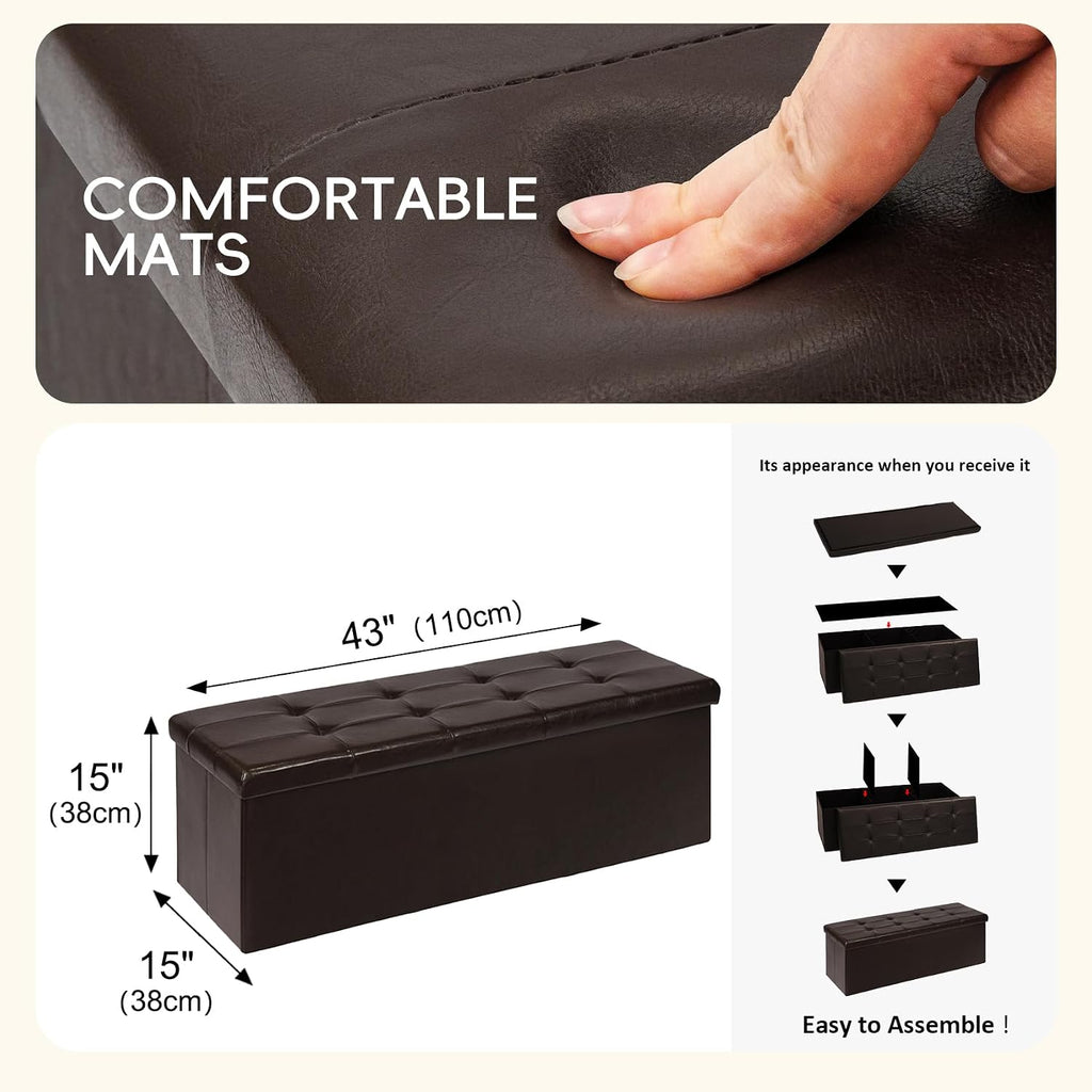 PINPLUS Folding Storage Ottoman Bench, Brown Faux Leather | Storage Chest with Comfortable Seat, Footrest Stool and Bench for Bedroom, Hallway and Living Room, 43.3 Inch