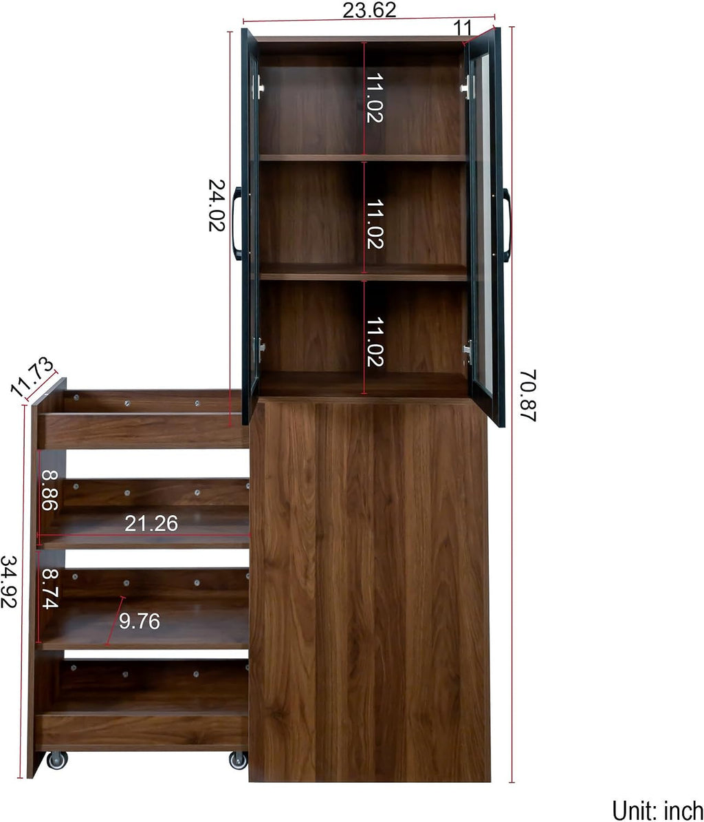 70.9" H Display Storage Cabinet , 4 Tier Multi-functional Pull-out Multi-tier Storage Shelf & 2 Glass Doors, Modern Wooden Kitchen Pantry Cabinet for Living Room or Kitchen and Dinning Room (Walnut)