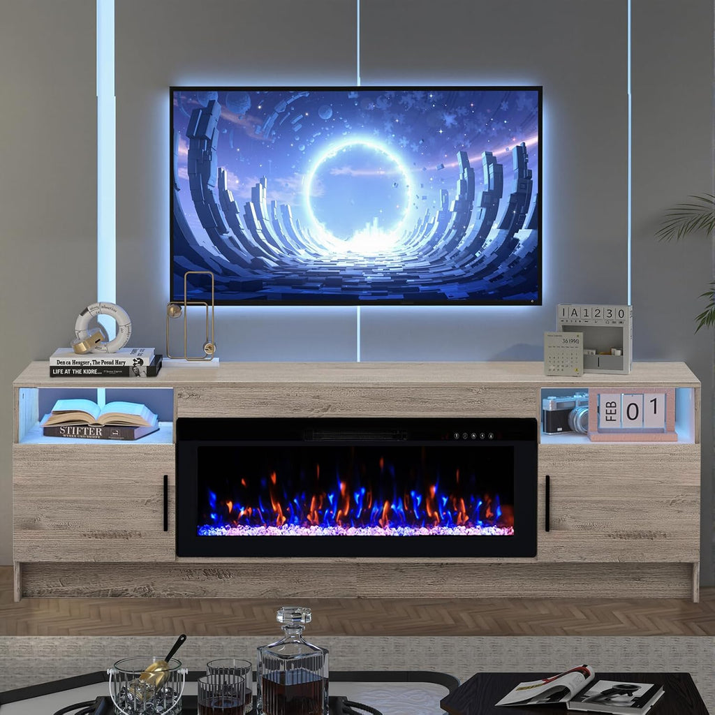 Kucreiheat Electric Fireplace TV Stand with Led Lights-42 Fireplace Entertainment Center for Up to 90 inch TV-Modern TV Console for Living Room with Storage Cabinet, Oak Grey