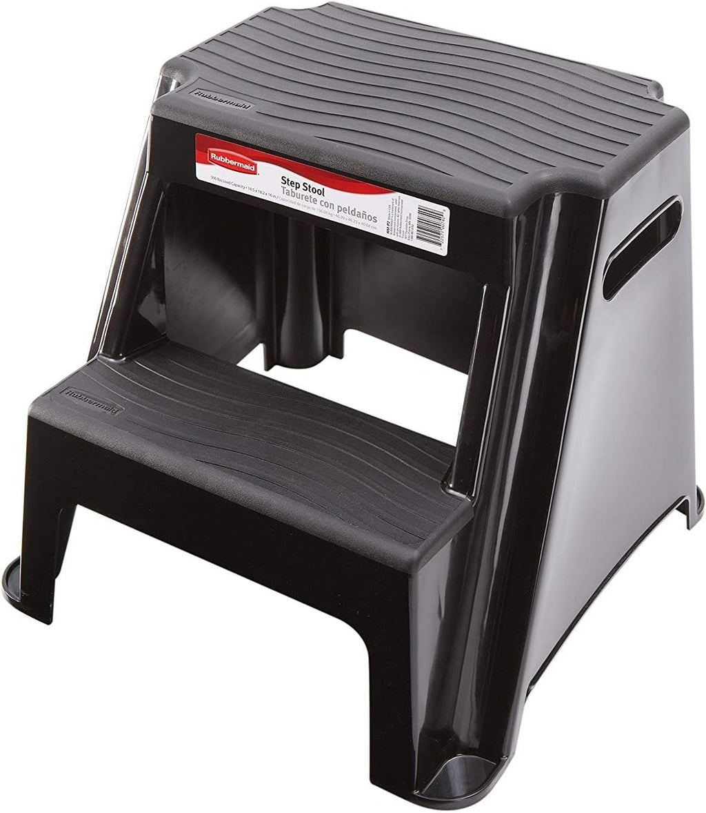 Rubbermaid 2-Step Plastic Stool, 300 lb Capacity, Lightweight, Black | Slip-resistant treads, Non-marring feet, Large standing platform, Cutout carry handles, No assembly required