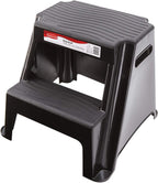 Rubbermaid 2-Step Plastic Stool, 300 lb Capacity, Lightweight, Black | Slip-resistant treads, Non-marring feet, Large standing platform, Cutout carry handles, No assembly required