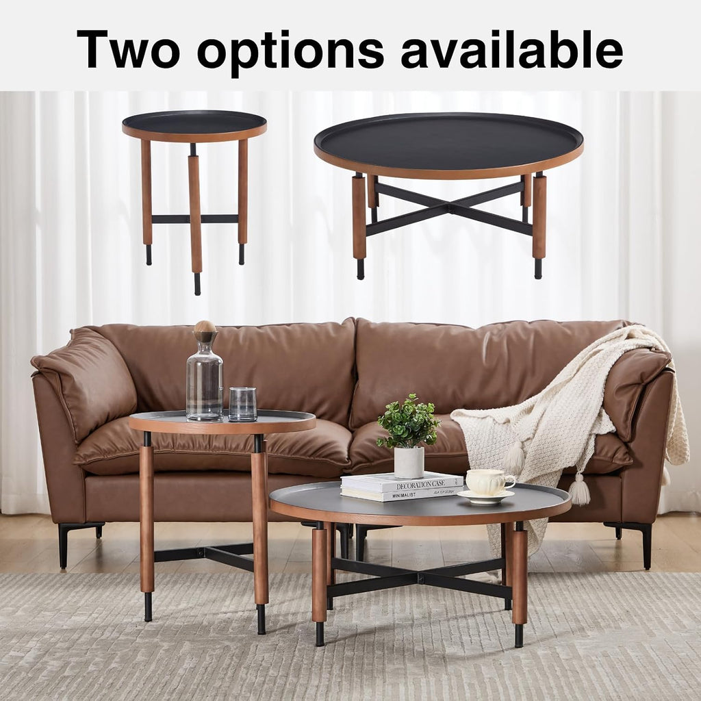 DUOMAY Modern Round Wood Side Table, 19.5'' Wide End Table with T-Shaped Metal Base, Round Tubular Iron Legs Covered with Rubber Wood for Living Room, Lounge, Office, Apartment, Black