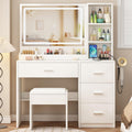OTOQS Vanity Desk with Mirror and Lights,4 Drawers & Bench Vanity Desk Set | 3 Color Lighting Modes Adjustable Brightness Vanity for Bedroom Makeup Table