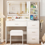 OTOQS Vanity Desk with Mirror and Lights,4 Drawers & Bench Vanity Desk Set | 3 Color Lighting Modes Adjustable Brightness Vanity for Bedroom Makeup Table