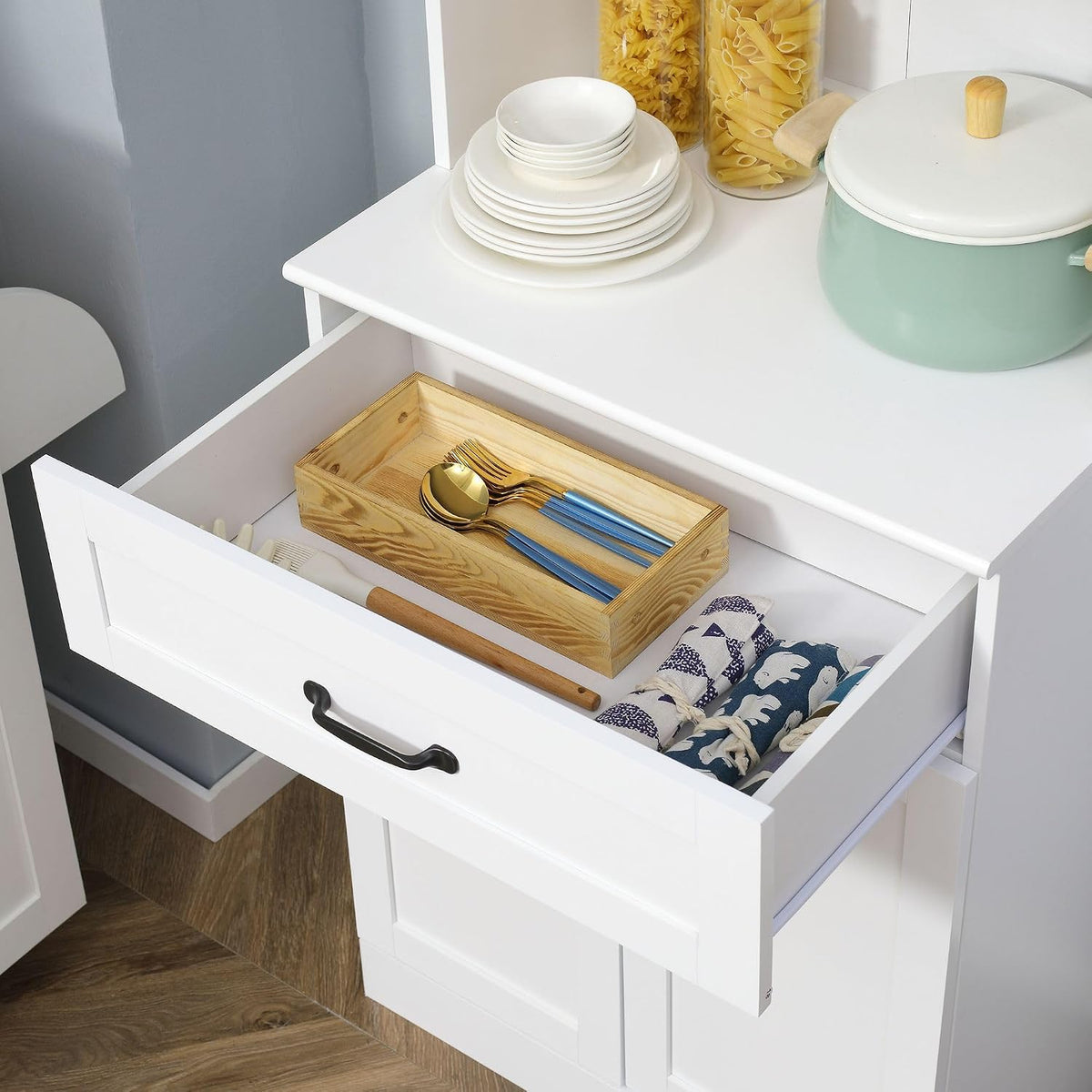 63.5in Premium Deluxe 4-Door White Freestanding Kitchen Buffet Cabinet with Hutch Adjustable Shelves Coffee Bar Modern Design