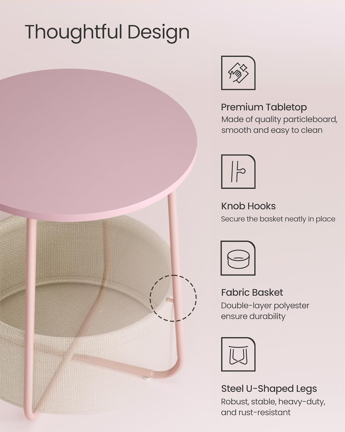 VASAGLE Nightstands, Set of 2 Small Round Side Tables with Fabric Basket, Bedside End Tables, for Bedroom, Jelly Pink and Cream White ULCT668R01