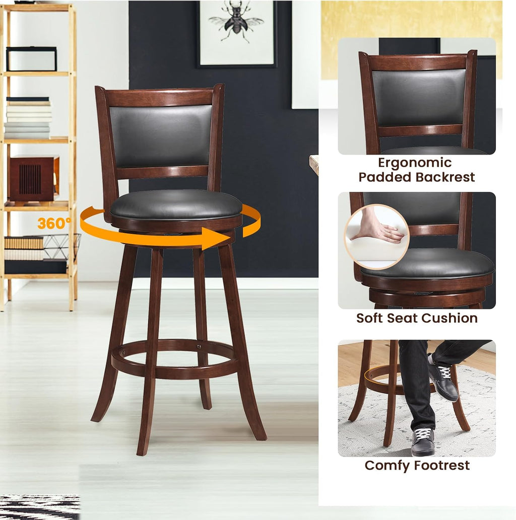 3 Piece Bar Table and Chairs Set, Round Counter Height Dining Table with Chessboard, 2 Upholstered Swivel Bar Stools, Rubber Wood Frame, Farmhouse Pub Table Set for Kitchen, Bistro