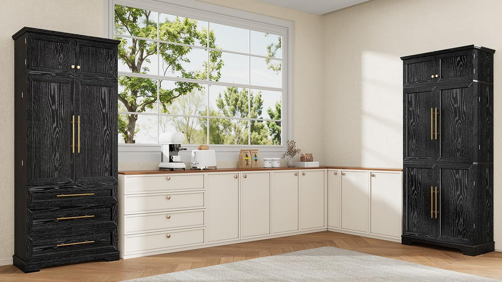 78.2" Tall Farmhouse Kitchen Pantry Cabinet with 8 Door Shelves, Storage Cupboard with 3 Adjustable Shelves, 3 Large Drawers,for Dining & Bathroom (Ash Black-J)