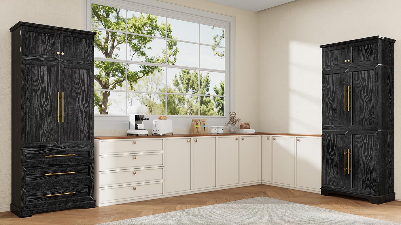 78.2" Tall Farmhouse Kitchen Pantry Cabinet with 8 Door Shelves, Storage Cupboard with 3 Adjustable Shelves, 3 Large Drawers,for Dining & Bathroom (Ash Black-J)