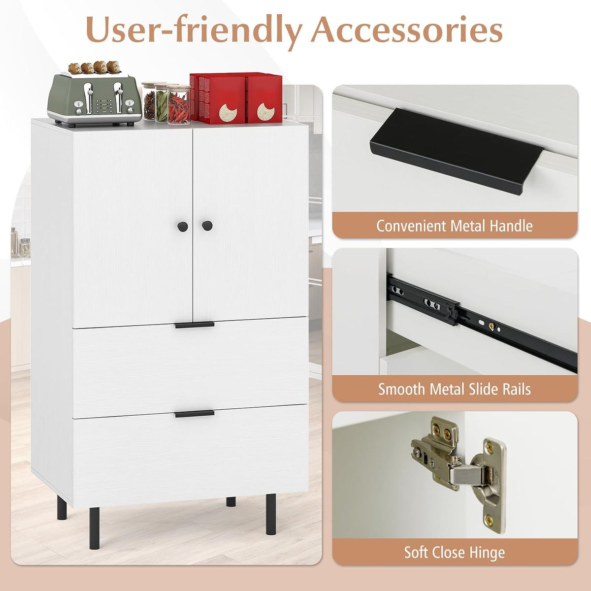LOKO Buffet Cabinet with 2 Drawers, 2-Door Serving Cupboard with Raised Metal Legs, Modern Floor Coffee Bar Station, Buffet Table Display Cabinet for Living Room, Dining Room, Kitchen, White