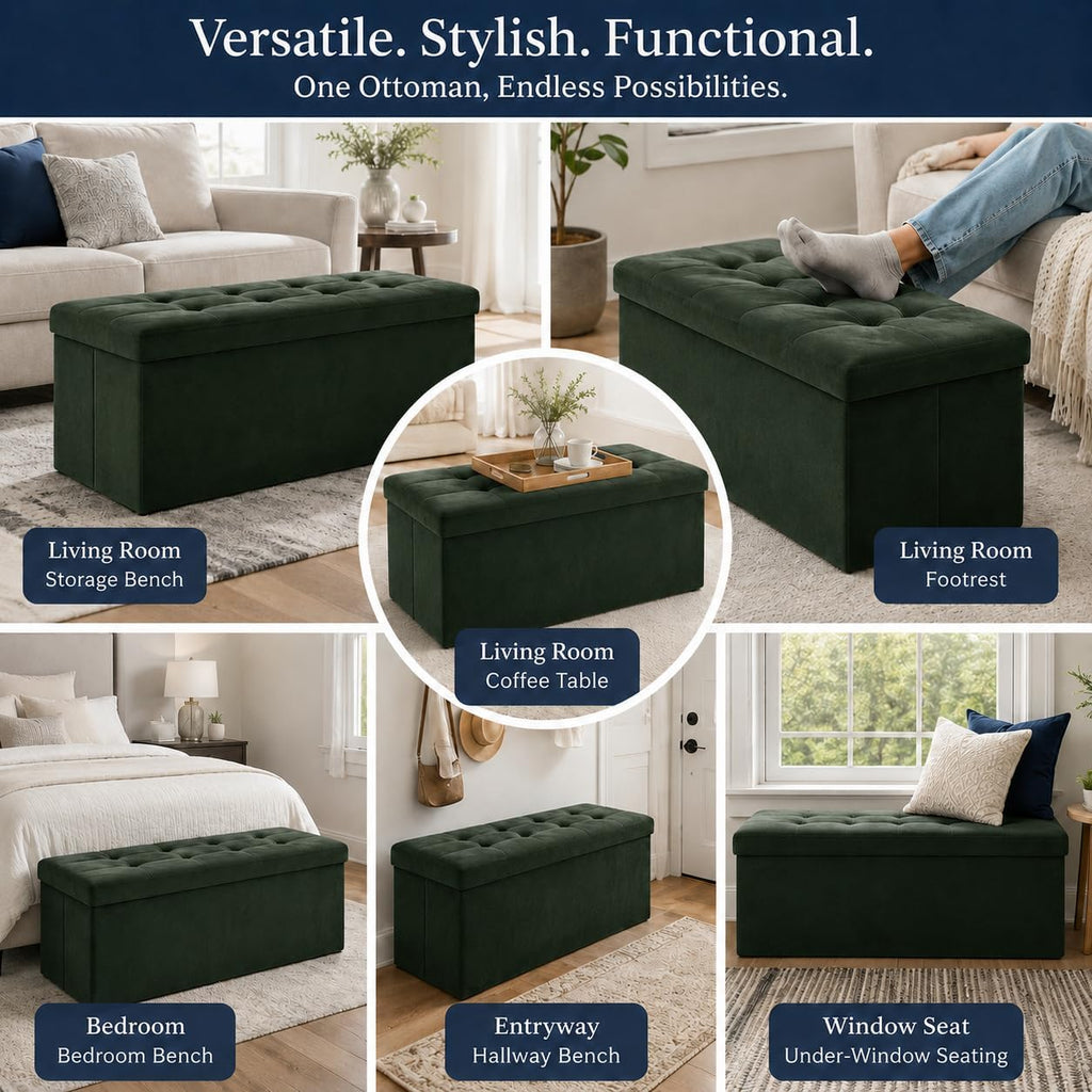 ALASDO 43 Inch Folding Storage Ottoman Bench with Hidden Storage, Velvet Storage Ottoman Foot Rest Stool, End of Bed Bench for Bedroom, Living Room, Entryway and Closet, Dark Green