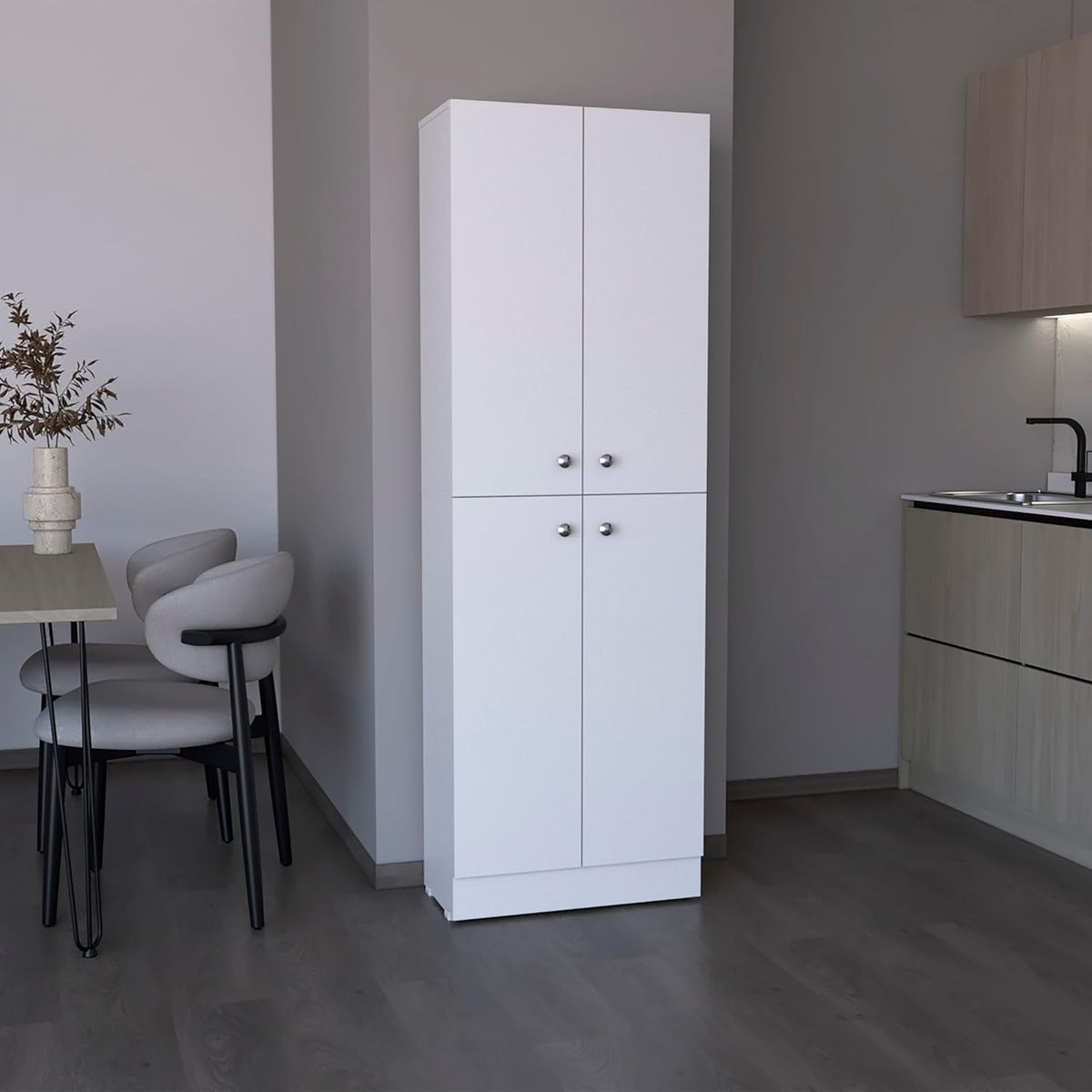 Kitchen Pantry 71" H, 4 Doors, 5 Adjustable Shelves, Laundry, White