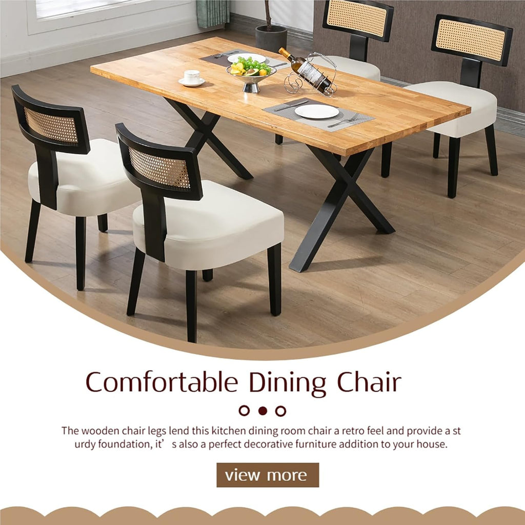 Farmhouse Rattan Dining Chairs Set of 2, Upholstered Modern Dining Room Chairs with Curved Cane Back, Black Wood Frame Armless Side Chair for Kitchen (Beige Fabric)