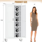 75" H Metal Pantry Storage Locker Cabinet with Wheels,Rolling Kitchen Pantry Cabinet with 2 Doors and 5 Adjustable Shelves, Lockable Steel Garage Tool Cabinet Organization for Home,Gym,School,White