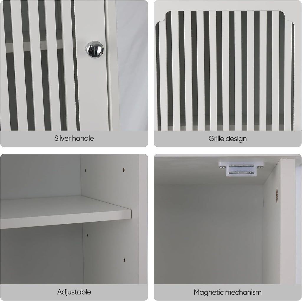 64" Tall Bathroom Cabinet, White Floor Standing Storage | Narrow unit with adjustable shelves & louvered doors, ideal for bathroom, laundry room, maximizing vertical space.