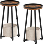 HOOBRO Small Round Side Tables, Set of 2, 2-Tier Round Sofa End Tables, Compact Nightstands with Cotton Linen Storage Basket, for Small Space, Living Room, Bedroom, Dorm, Rustic Brown BF183BZP201