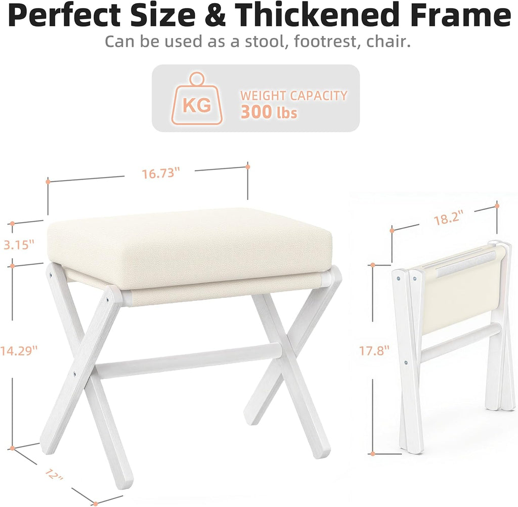 BAMBOOHOMIE Foldable Foot Stool Ottoman, Modern Foot Rest with Bamboo X Legs & Thick Foam Cushion, Folding Foot Stools Small Padded for Bedroom Living Room, Footstool for Chair Couch (White - White)