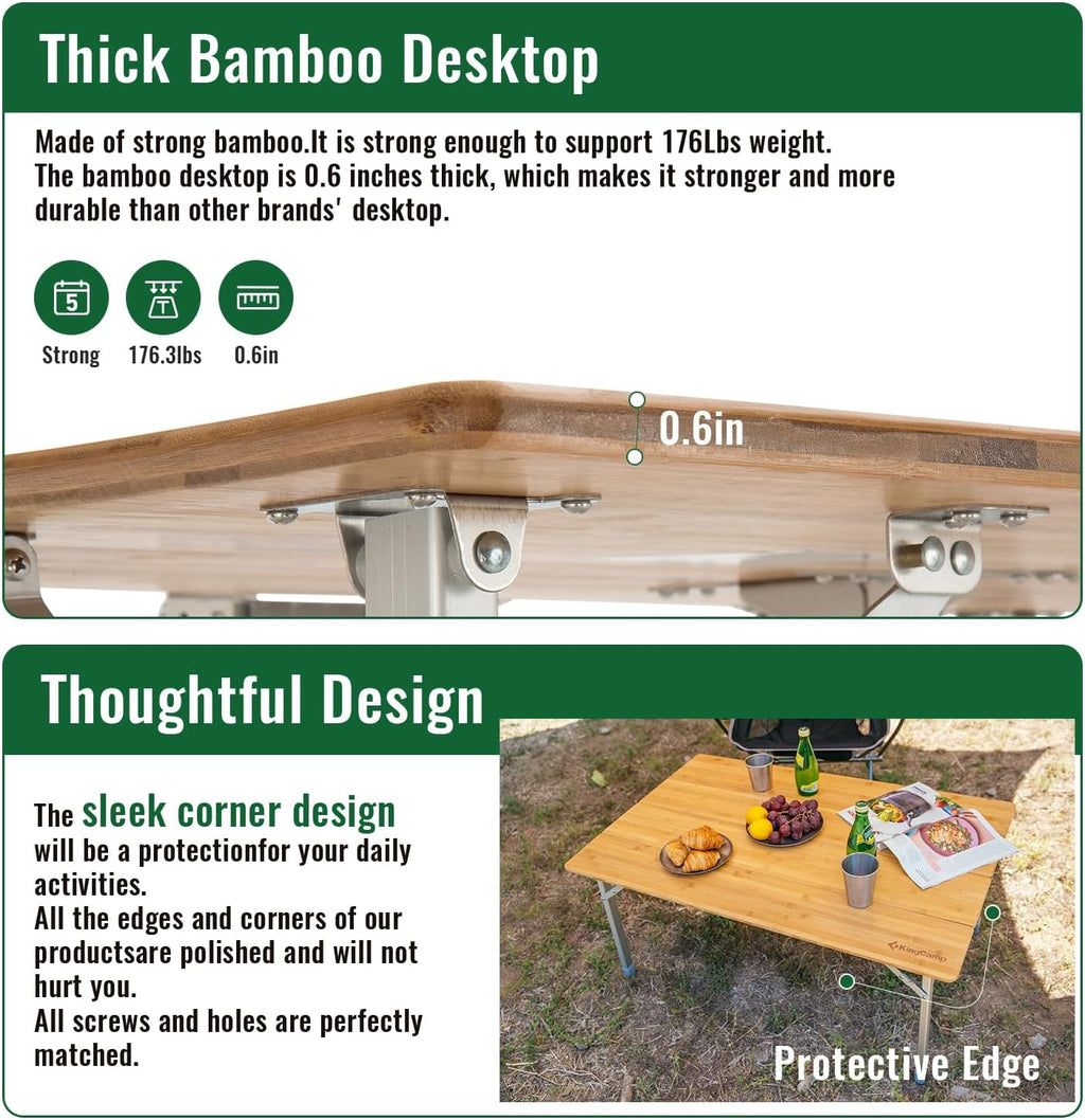 KingCamp Bamboo Folding Camping Table, 4-Fold Adjustable Outdoor Table | Portable Design with Carry Bag, Natural Bamboo Top, Ideal for RV Outdoor Picnic Backyard Camping