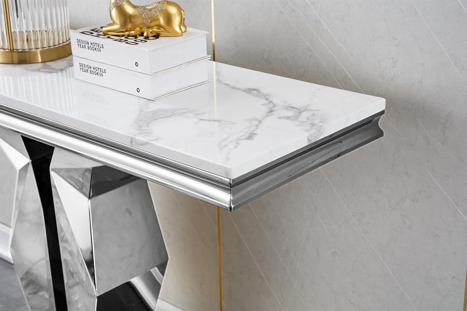 SSLine Modern White Faux Marble Console Table Luxury Entryway Table with Silver Pedestal Base 46.8" Mid-Century Elegant Sofa Table w/Mirrored Stainless Steel Frame for Living Room Hallway