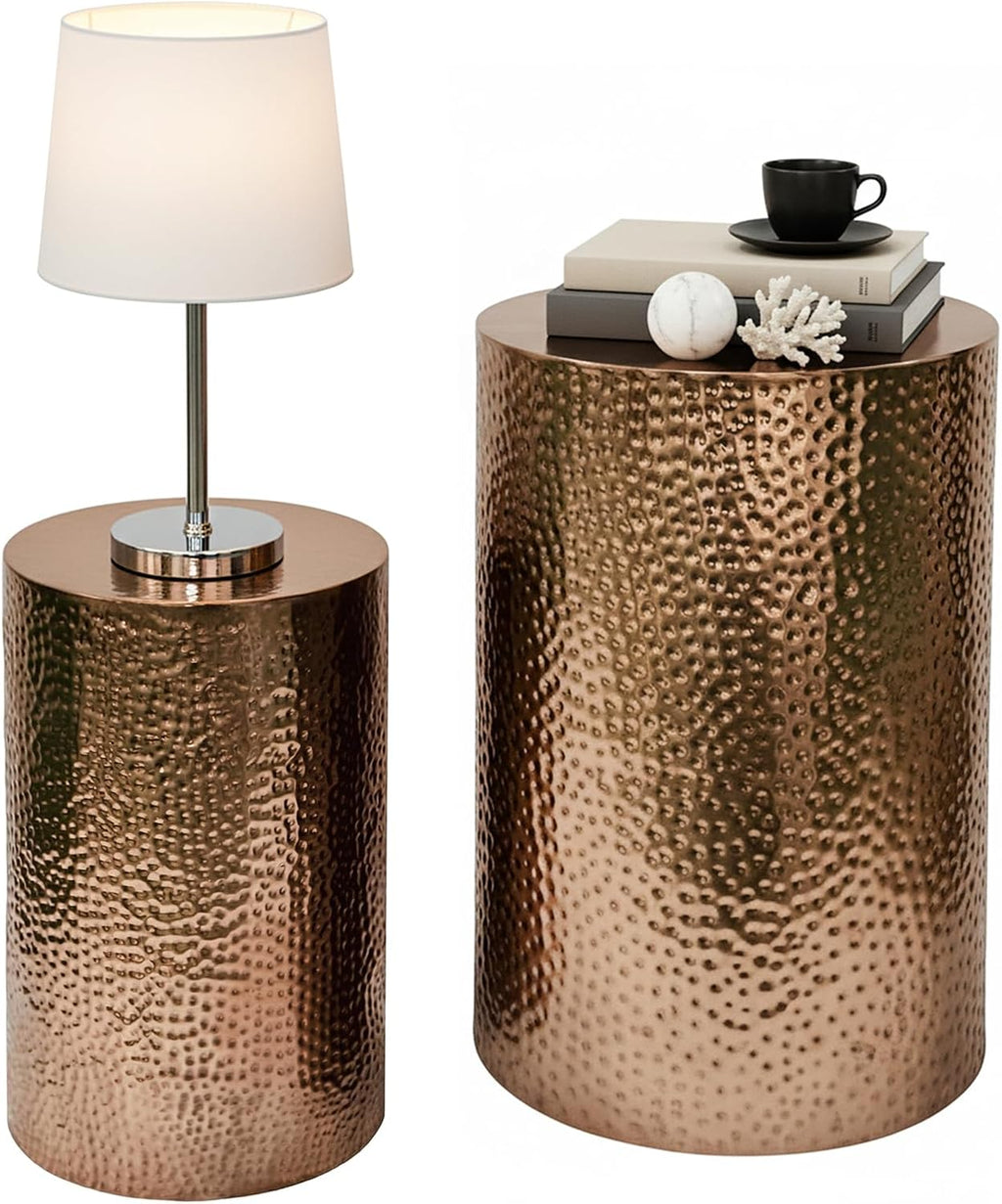 MyGift Set of 2 Modern Hammered Metal Bronze Round End Tables, Home Accent Side Tables for Living Room or Bedroom