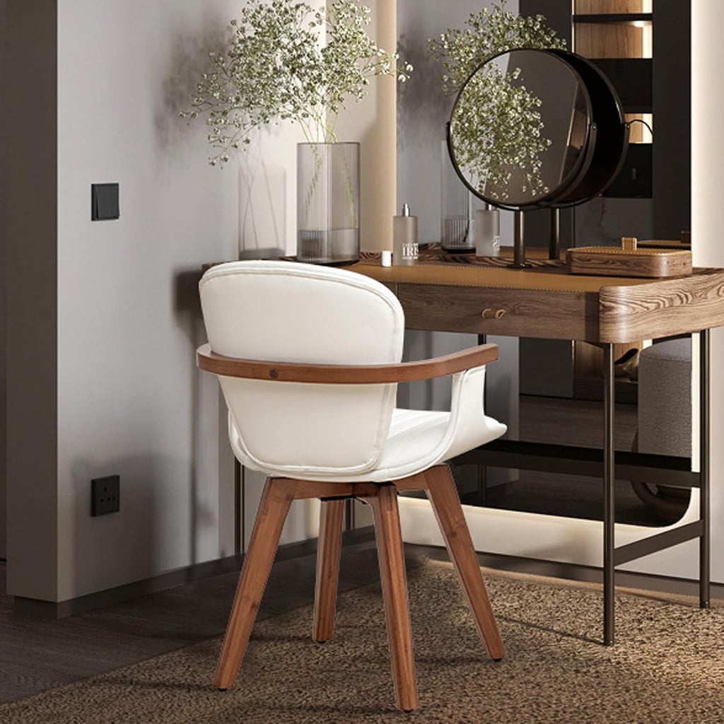 LUNLING Swivel Dining Chairs Set of 4, Mid Century Modern White Faux Leather Kitchen Chairs with Arms,Bamboo Legs Side Chairs No Wheels,Accent Chair for Dining Rooms and Offices