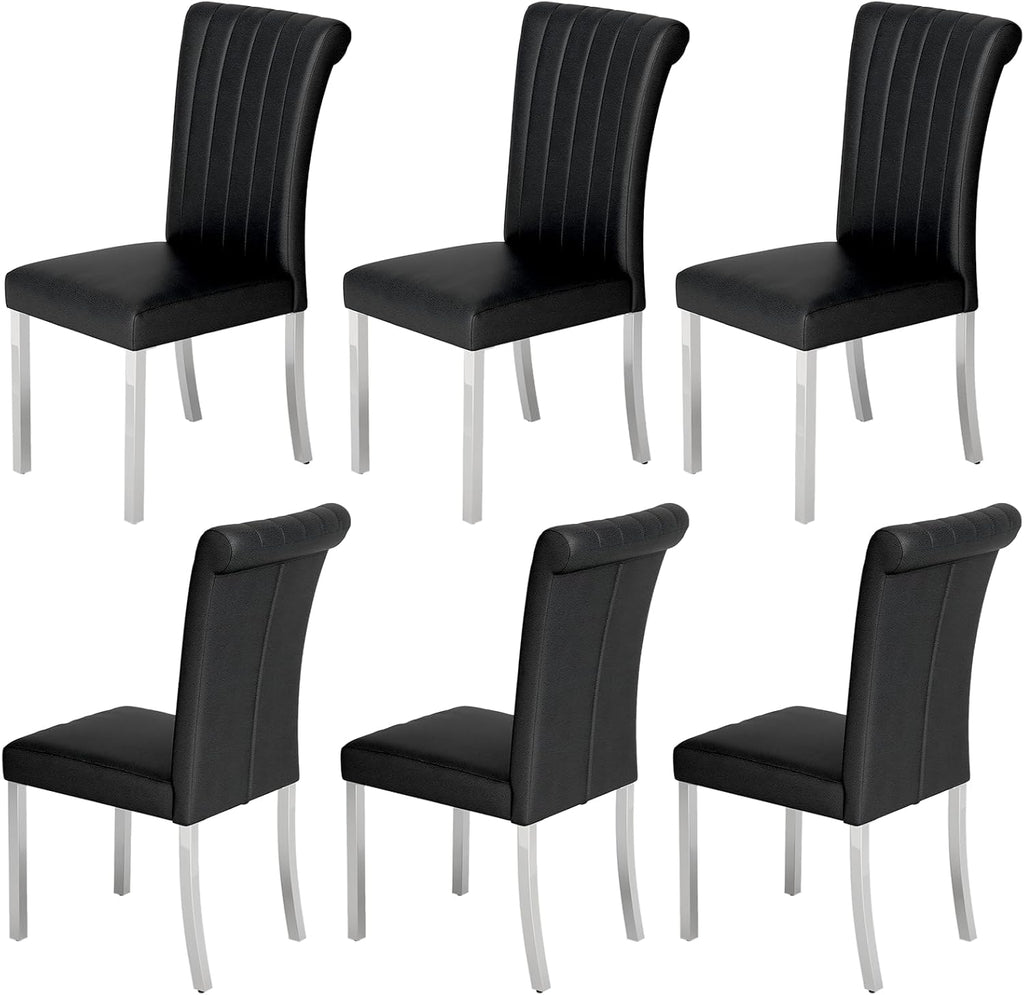 ACEDÉCOR Modern Dining Chairs Set of 6, Black Leather Dining Room Chairs with Silver Stainless Steel Legs, Upholstered Chairs with High Back and Metal Chrome Legs for Kitchen/Living Room/Restaurant