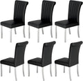 ACEDÉCOR Modern Dining Chairs Set of 6, Black Leather Dining Room Chairs with Silver Stainless Steel Legs, Upholstered Chairs with High Back and Metal Chrome Legs for Kitchen/Living Room/Restaurant