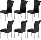 ACEDÉCOR Modern Dining Chairs Set of 6, Black Leather Dining Room Chairs with Silver Stainless Steel Legs, Upholstered Chairs with High Back and Metal Chrome Legs for Kitchen/Living Room/Restaurant
