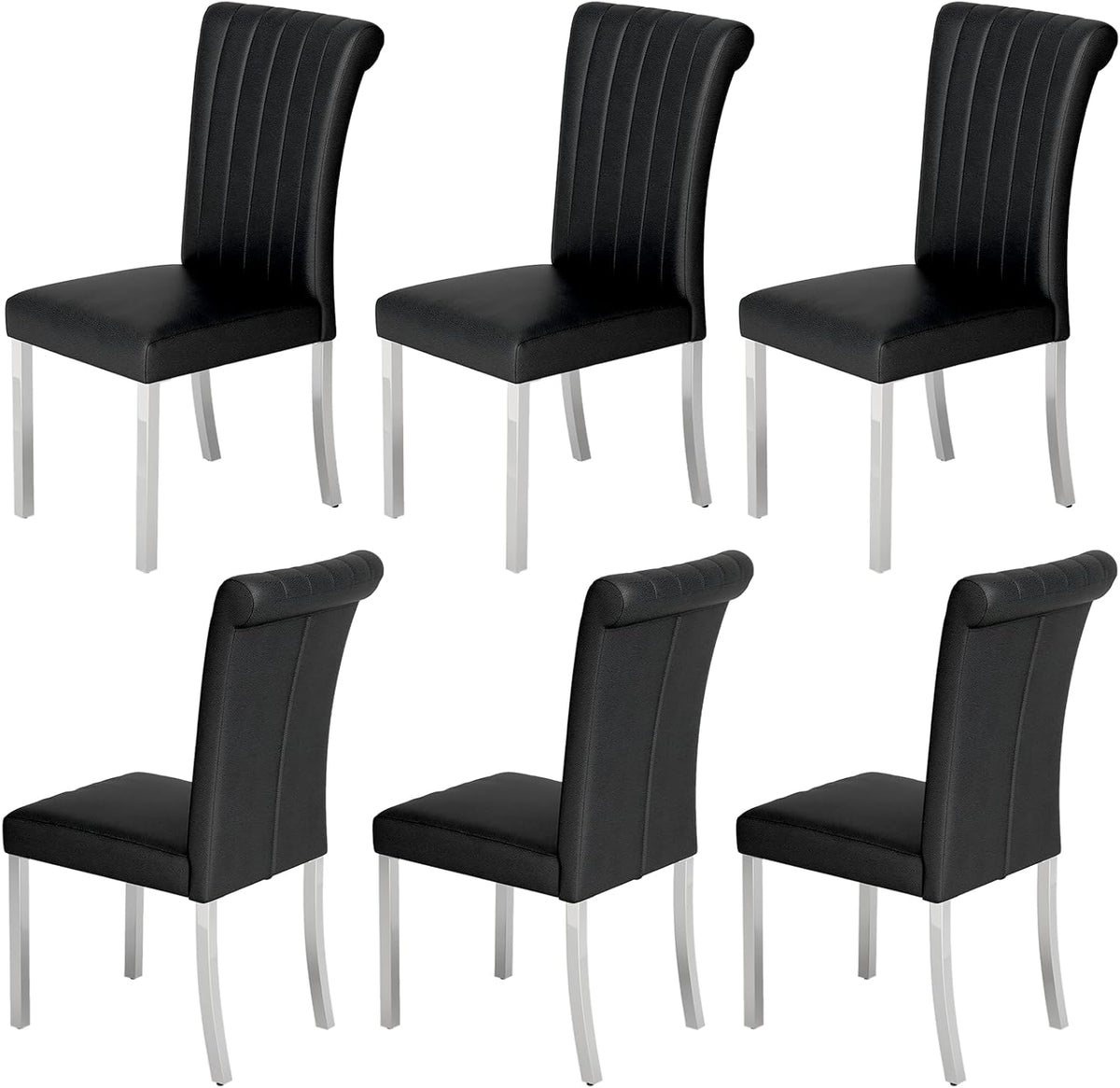 ACEDÉCOR Modern Dining Chairs Set of 6, Black Leather Dining Room Chairs with Silver Stainless Steel Legs, Upholstered Chairs with High Back and Metal Chrome Legs for Kitchen/Living Room/Restaurant