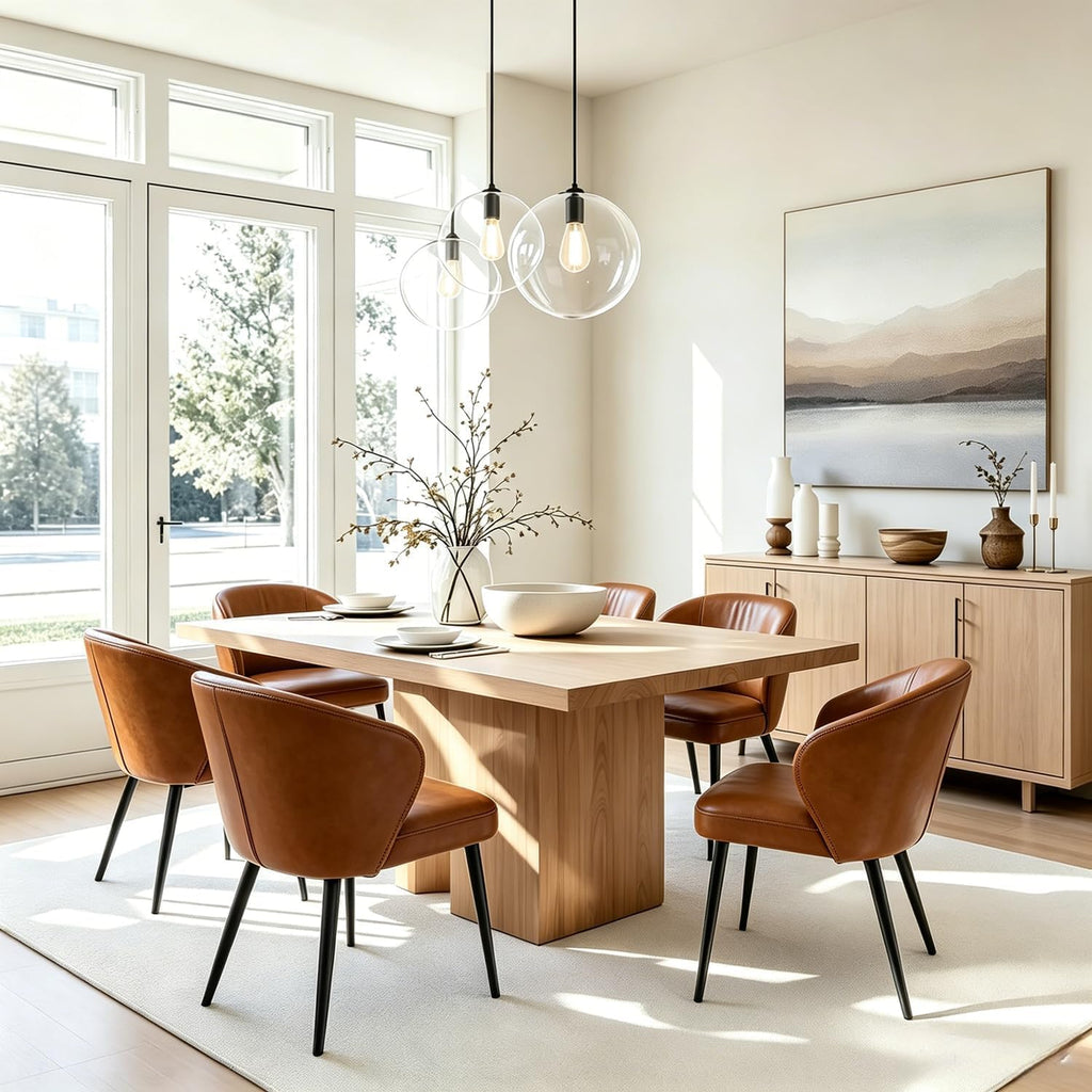 Brown Dining Chairs Set of 6, Modern Dining Chairs with Cushion Seat and Sturdy Metal Legs, Faux Leather Chair for Kitchen, Living Room