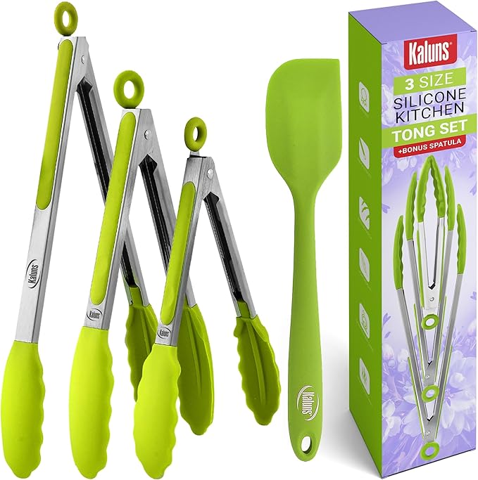 Kaluns Kitchen Tongs for Cooking Grilling Set of 4, BBQ Grill Tongs With Silicone Tip Stainless Steel Heat Resistant, Non-stick Pull Lock, Incl 7, 9, 12 Inch Tong Plus a Silicone Spatula
