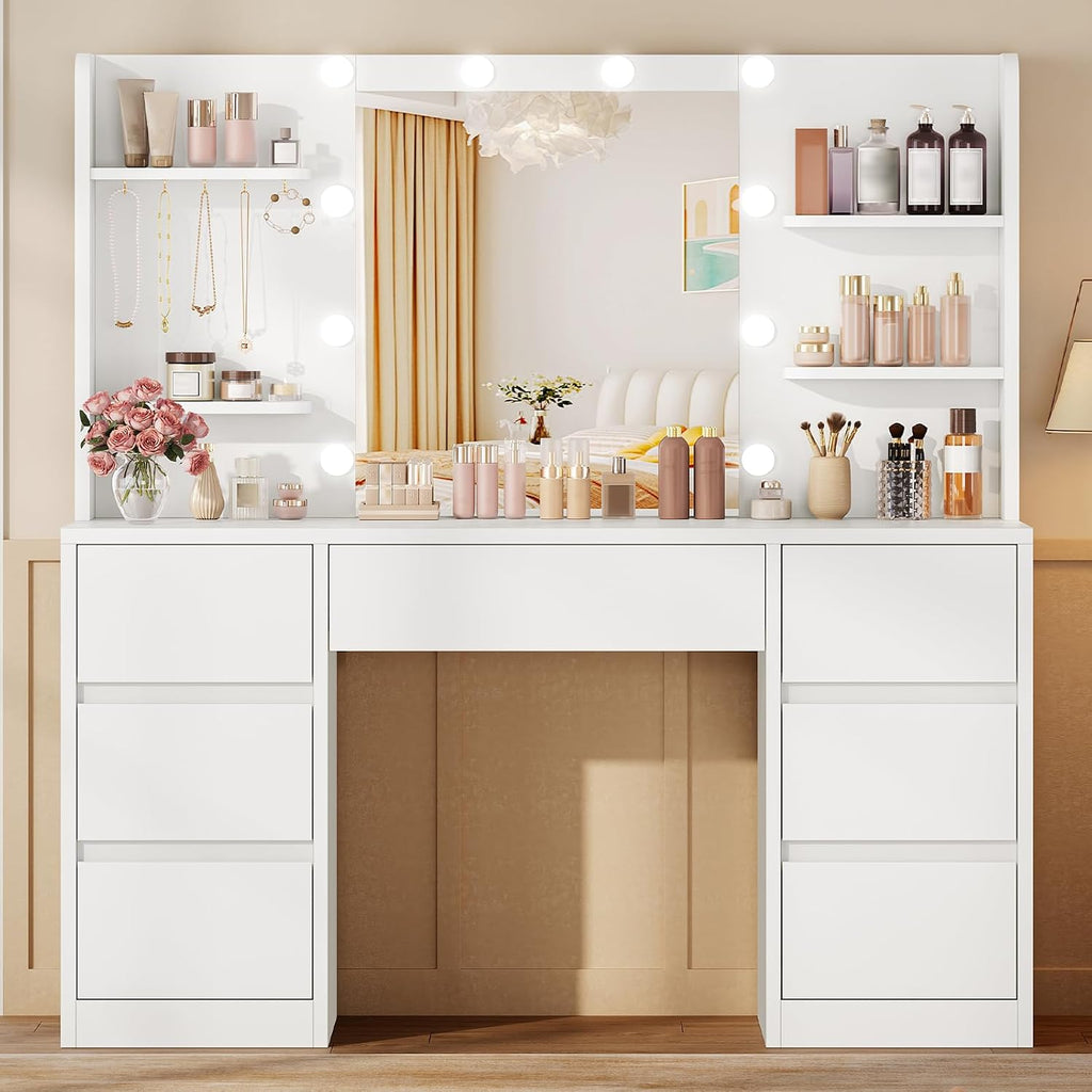 FIONESO Vanity Desk with Mirror and Lights, White | Makeup Vanity with 3 Colors LED Lights, White Vanity with 7 Drawers , 6 Shelves & 5 Jewel Hooks, Girls Vanity for Bedroom