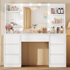 FIONESO Vanity Desk with Mirror and Lights, White | Makeup Vanity with 3 Colors LED Lights, White Vanity with 7 Drawers , 6 Shelves & 5 Jewel Hooks, Girls Vanity for Bedroom